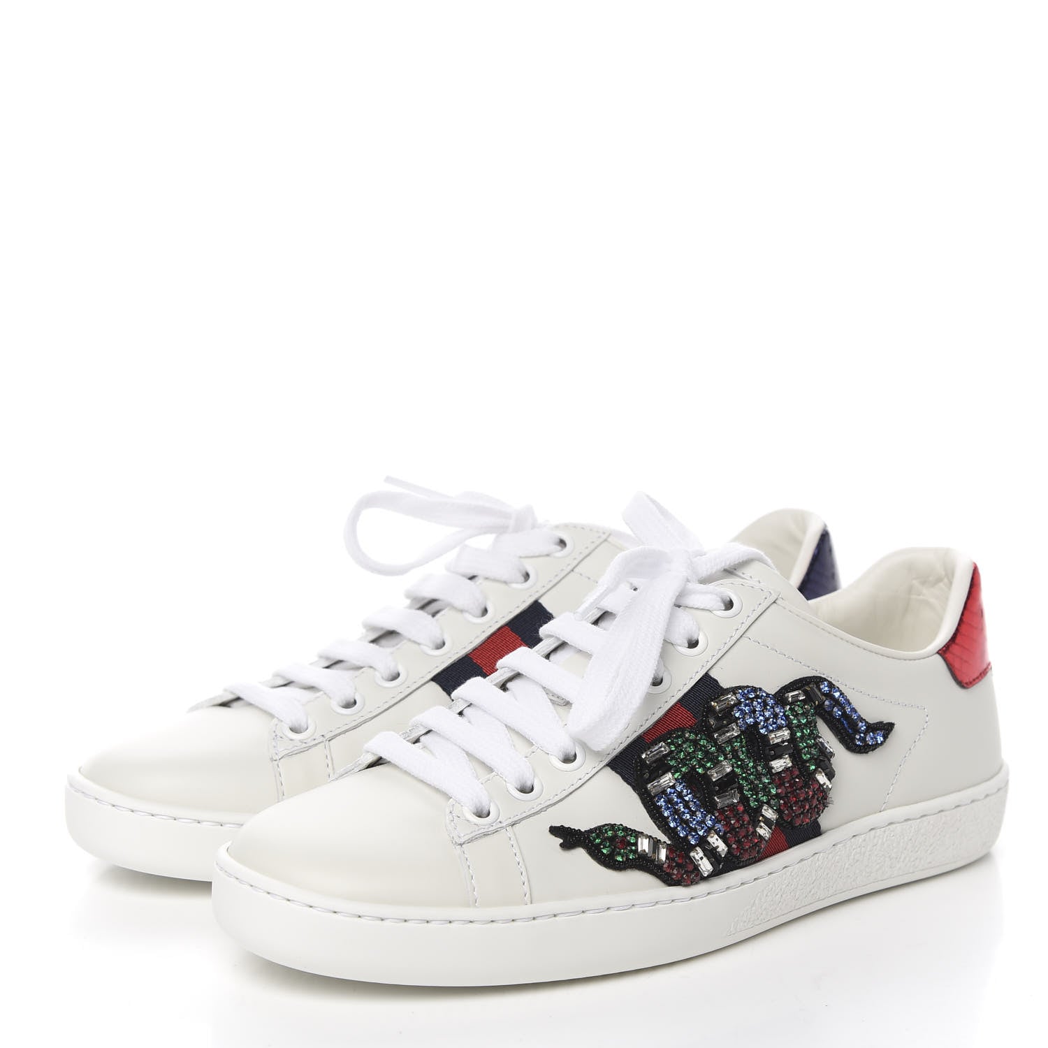 Gucci Calfskin Ayers Crystal Web Kingsnake Embroidered Womens Ace Sneakers 34.5 Green Red 4 of 10