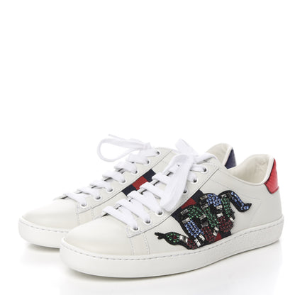 Gucci Calfskin Ayers Crystal Web Kingsnake Embroidered Womens Ace Sneakers 34.5 Green Red 4 of 10