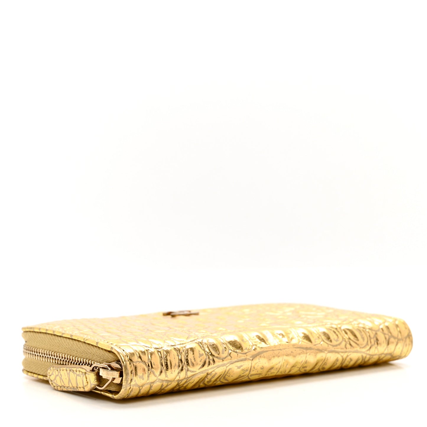 Metallic Calfskin Crocodile Embossed Small Cocodile Zip Wallet Gold