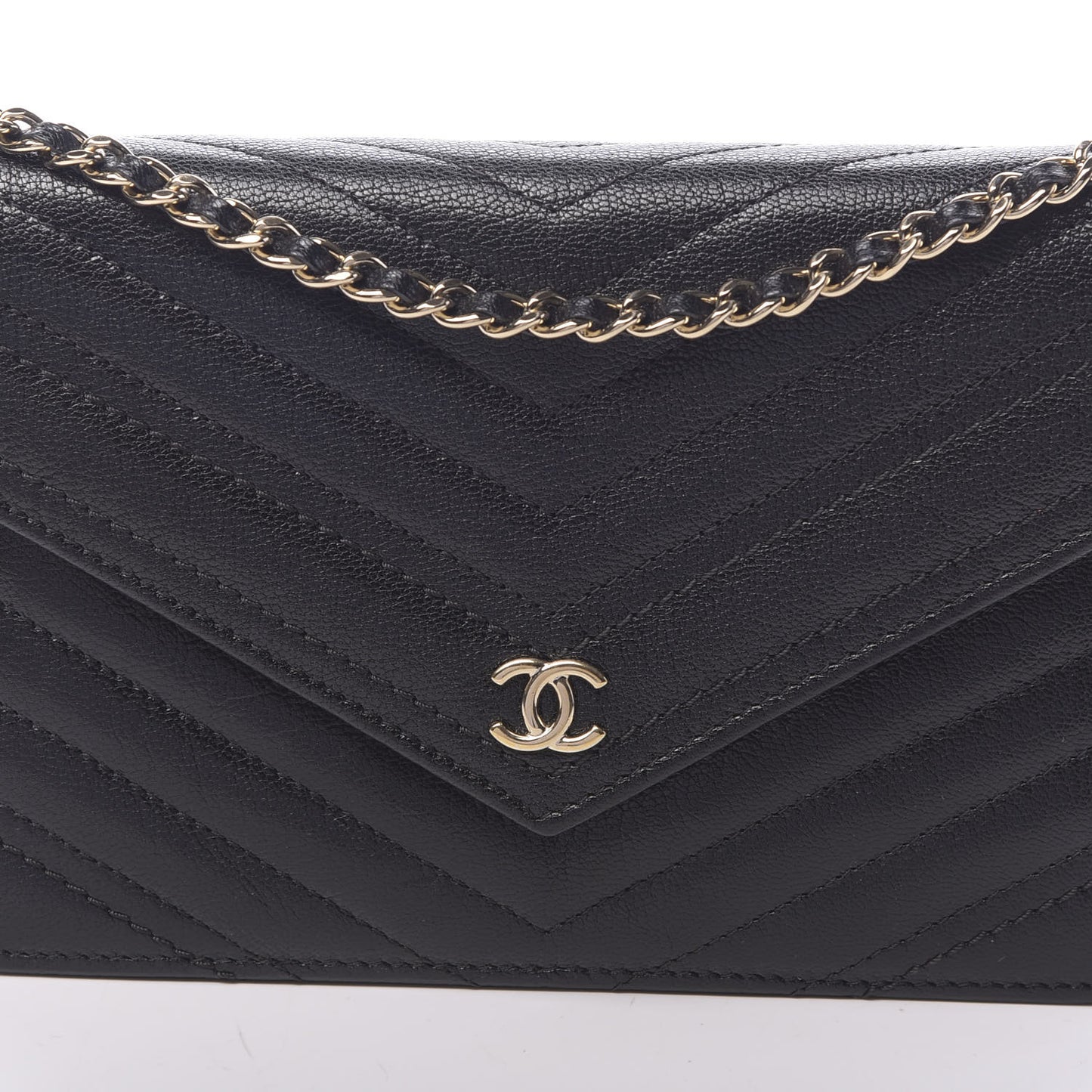 Goatskin Chevron Quilted Statement Wallet On Chain WOC Black