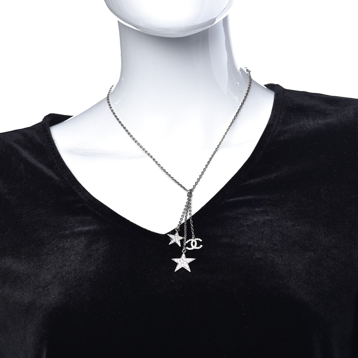 Chanel Crystal Star CC Pendant Necklace Silver 2 of 6