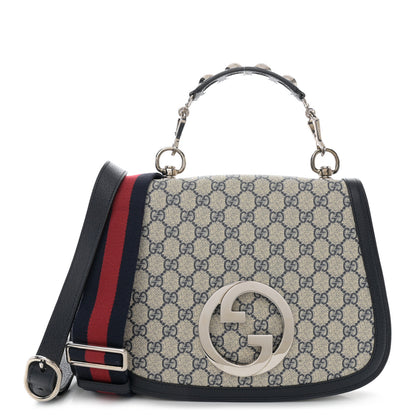 Gucci GG Supreme Monogram Textured Dollar Calfskin Web Medium Blondie Top Handle Shoulder Flap Bag Beige Blue 1 of 10