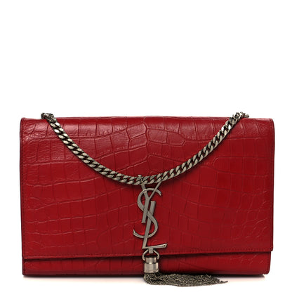 Saint Laurent Calfskin Crocodile Embossed Medium Classic Monogram Kate Tassel Satchel New Red 1 of 11