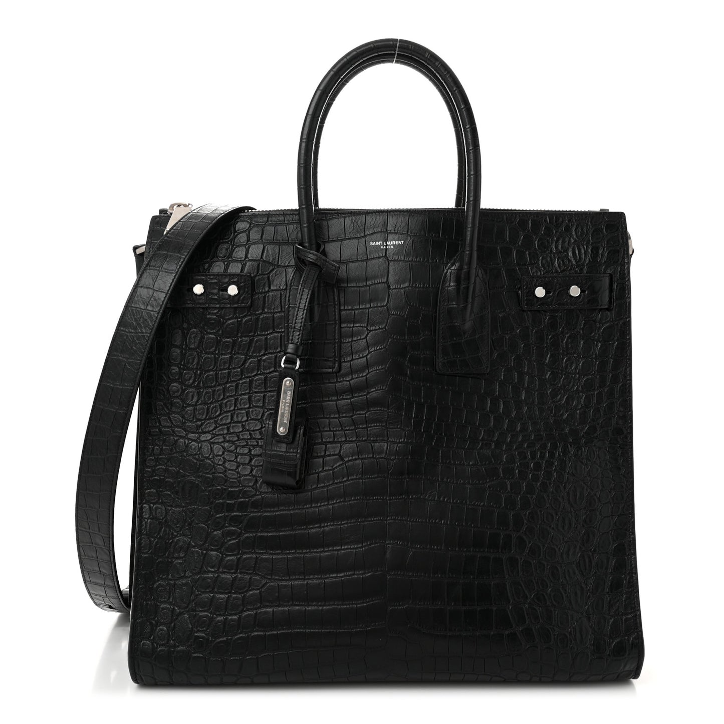 Calfskin Crocodile Embossed Souple North South Tote Black