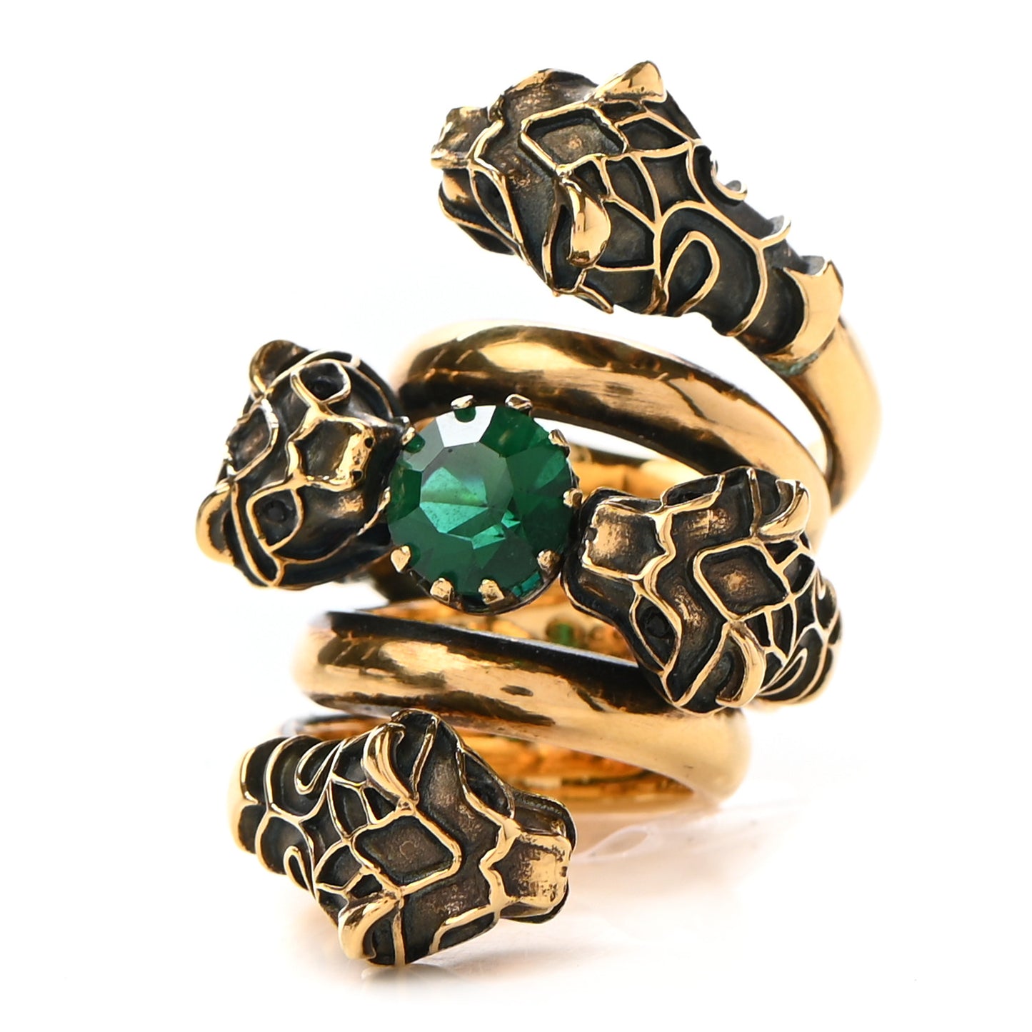 Crystal Tiger Heads Double Wrap Ring 5 Aged Gold