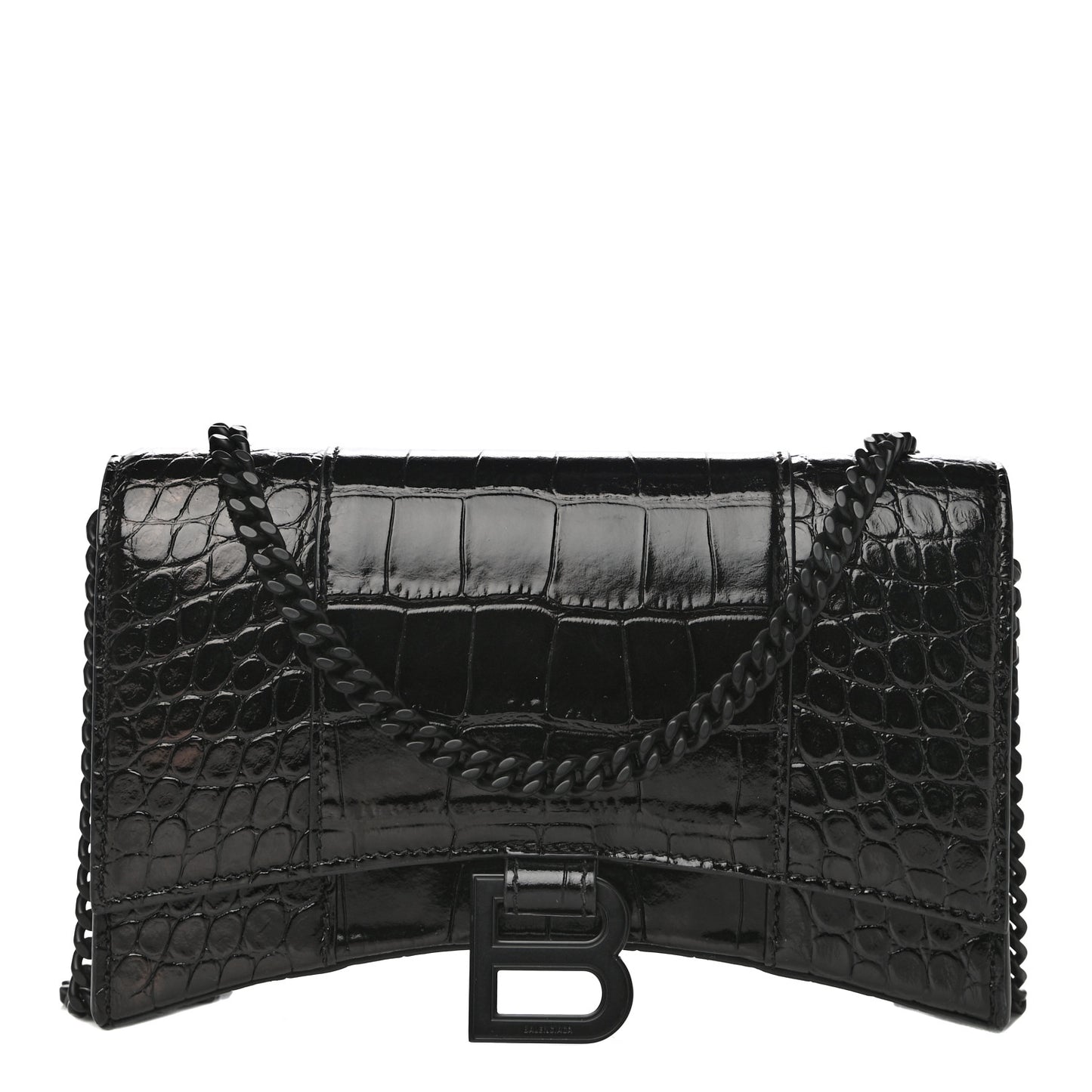 Shiny Calfskin Monochrome Crocodile Embossed Hourglass Chain Bag Black