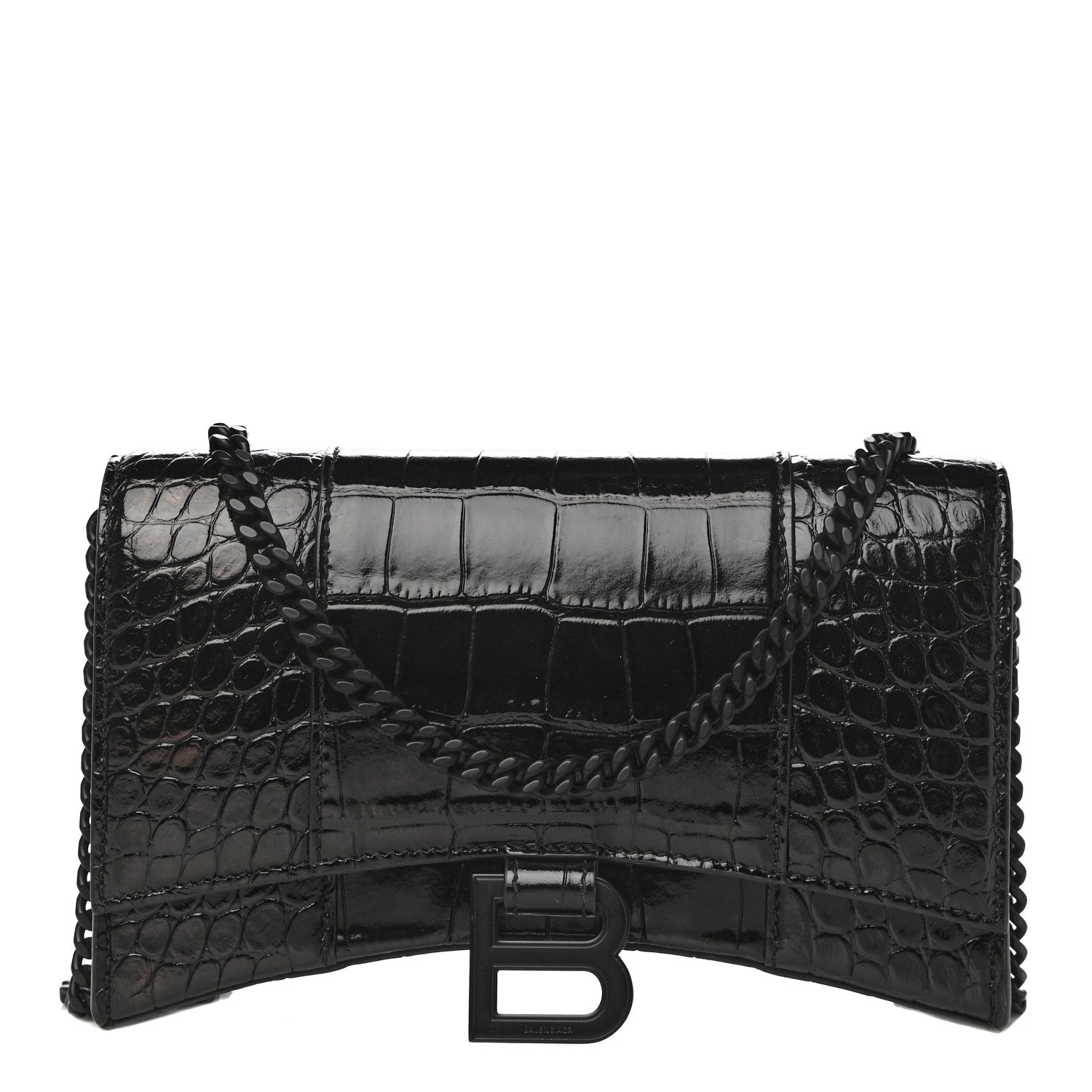 Balenciaga Shiny Calfskin Monochrome Crocodile Embossed Hourglass Chain Bag Black 1 of 15