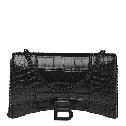 Balenciaga Shiny Calfskin Monochrome Crocodile Embossed Hourglass Chain Bag Black 1 of 15