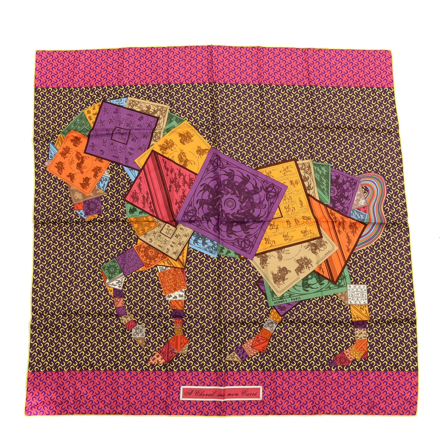 Hermes Silk A Cheval Sur Mon Carre Scarf 90 Aubergine Framboise Jaune 1 of 3