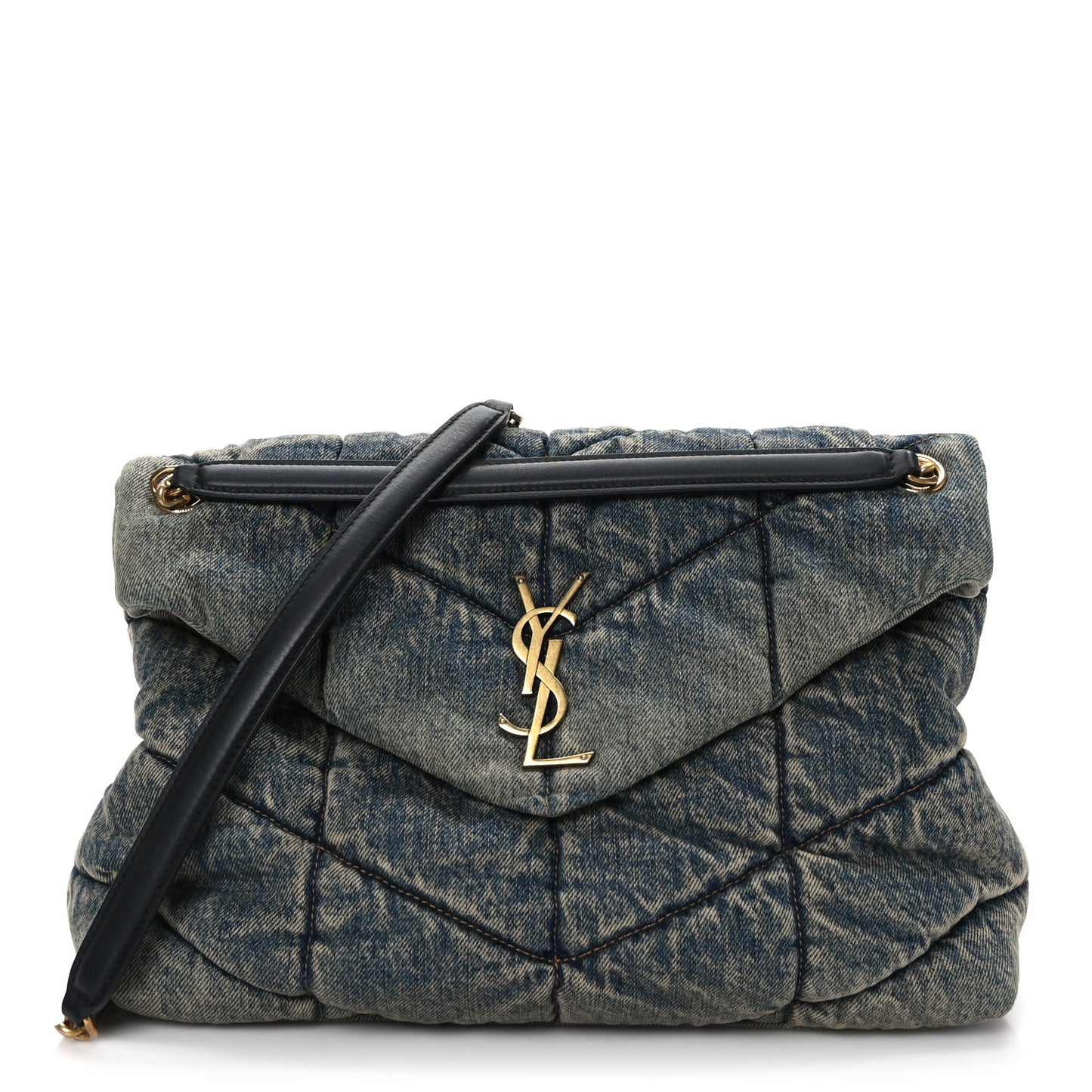 Denim Quilted Medium Loulou Puffer Monogram Chain Satchel Blue Black