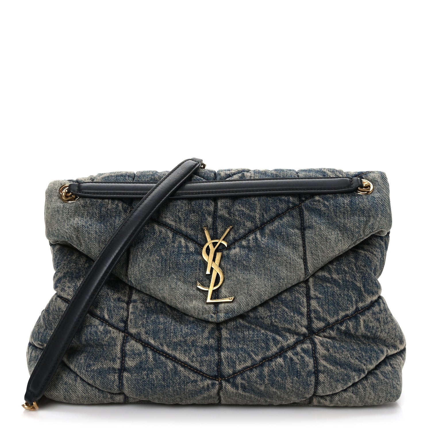 Saint Laurent Denim Quilted Medium Loulou Puffer Monogram Chain Satchel Blue Black 1 of 9