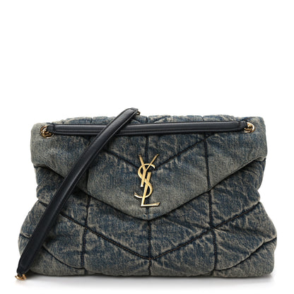 Saint Laurent Denim Quilted Medium Loulou Puffer Monogram Chain Satchel Blue Black 1 of 9