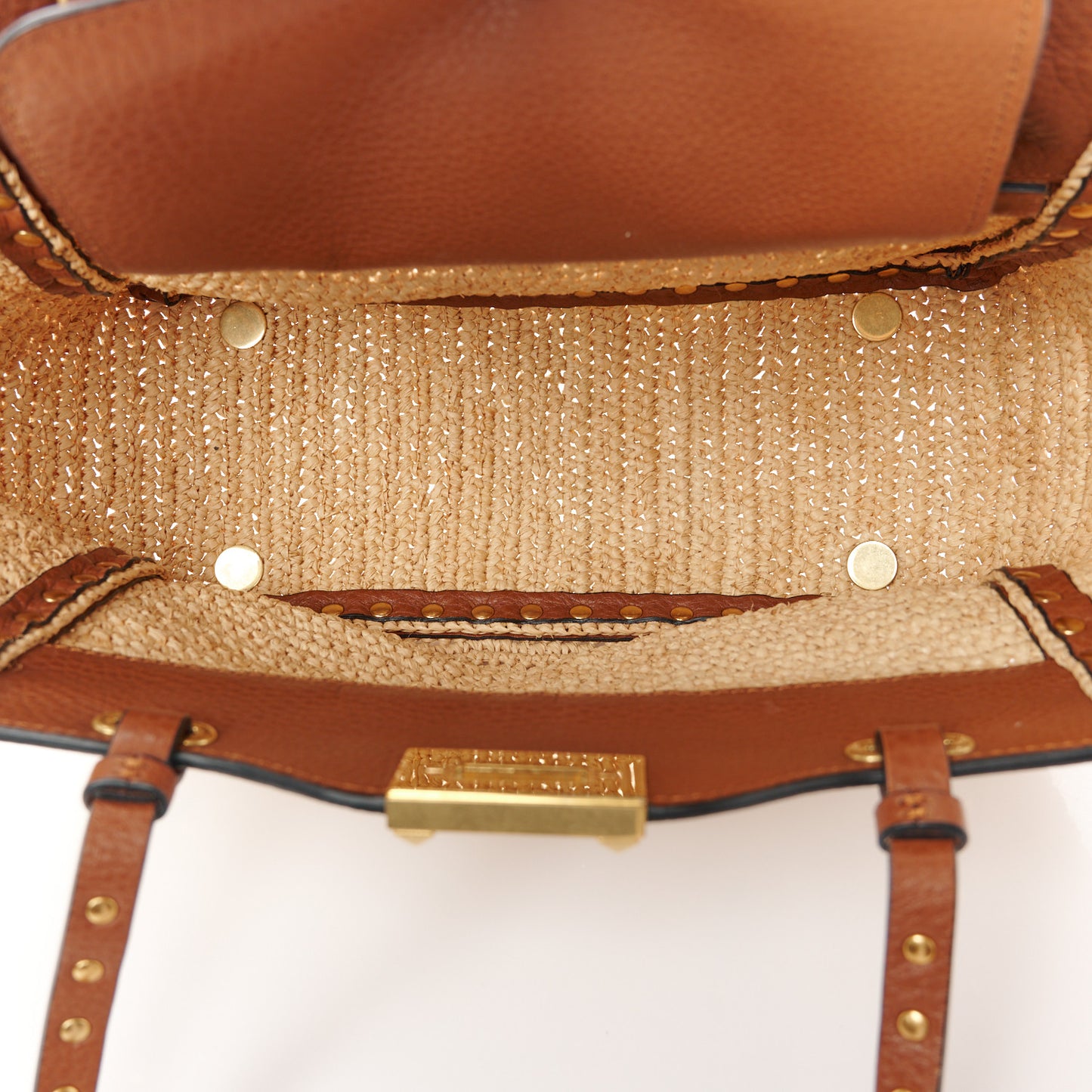Raffia Calfskin Small Rockstud Tote Naturale Saddle Brown