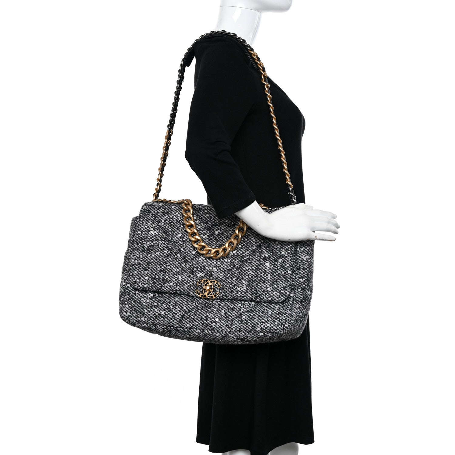 Chanel Tweed Quilted Maxi Chanel 19 Flap Black White 2 of 12
