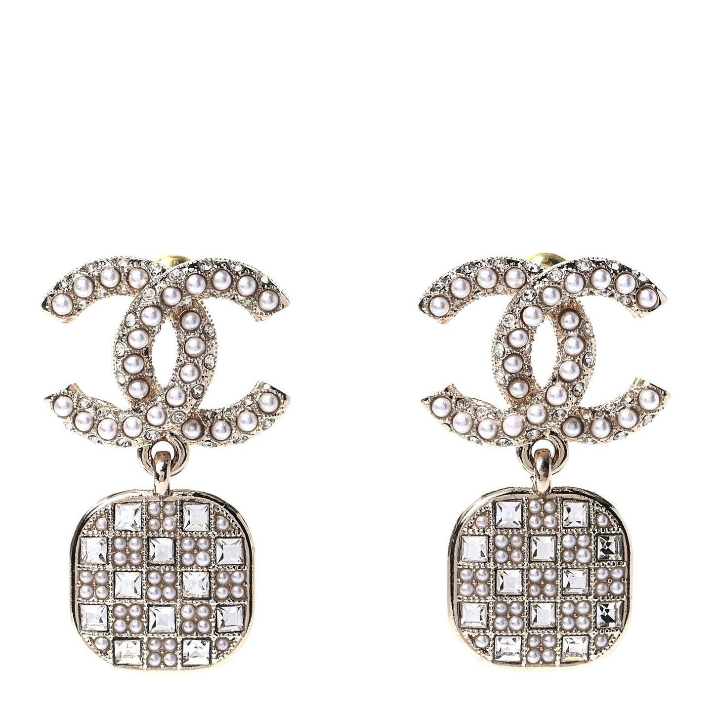 Crystal Pearl CC Drop Earrings Gold