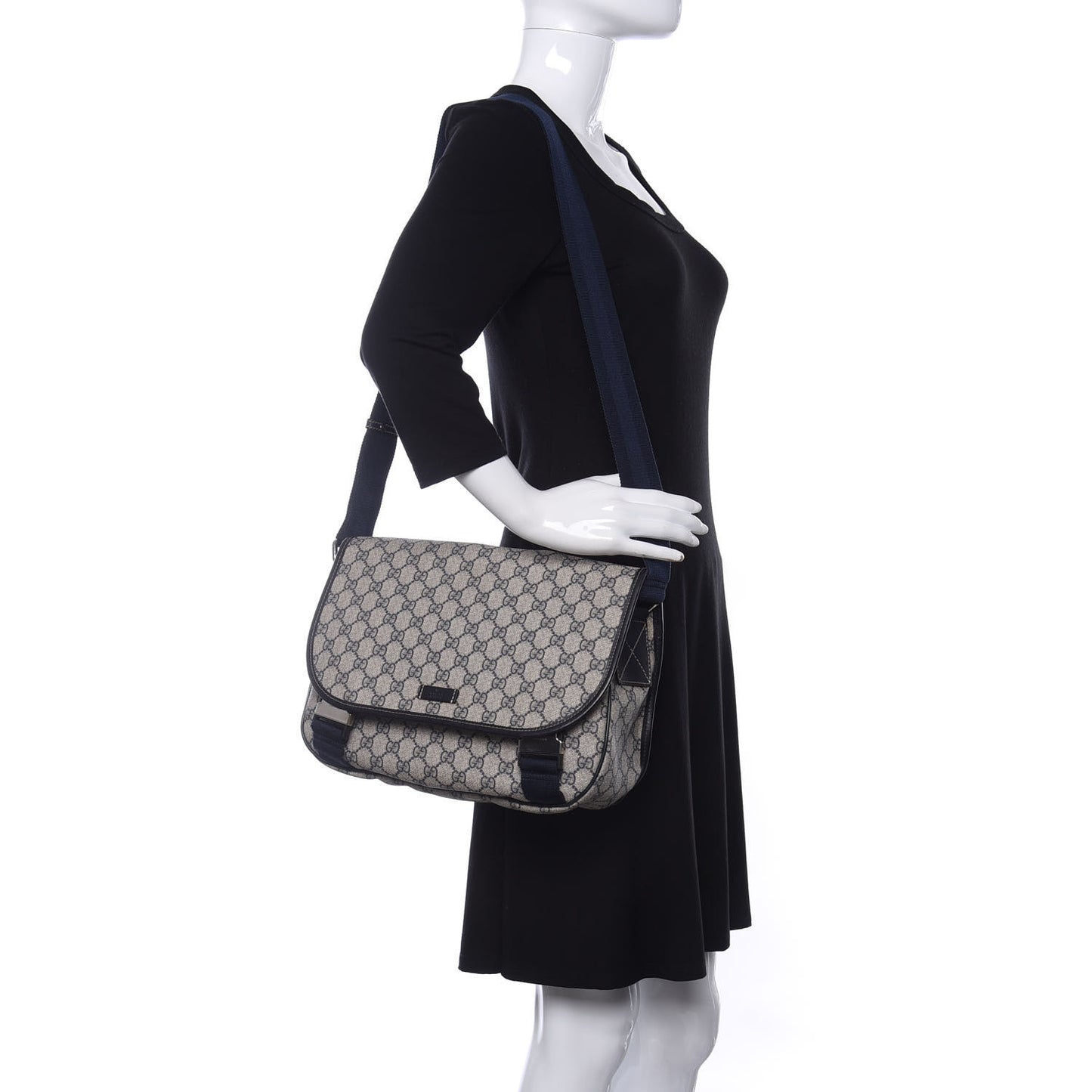 GG Plus Monogram Medium Double Buckle Flap Messenger Bag Beige Navy