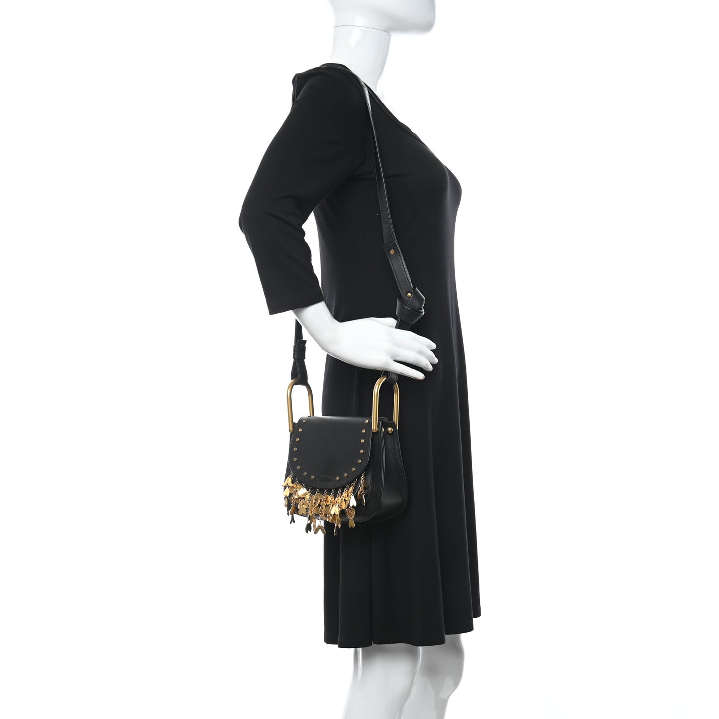 Calfskin Studded Charm Fringe Mini Hudson Crossbody Bag Black