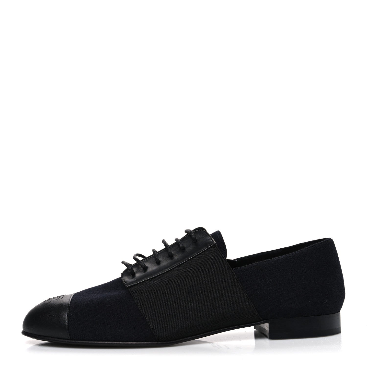 Chanel Calfskin Elastic Lace Up Cap Toe CC Loafers 40.5 Black Navy 1 of 10