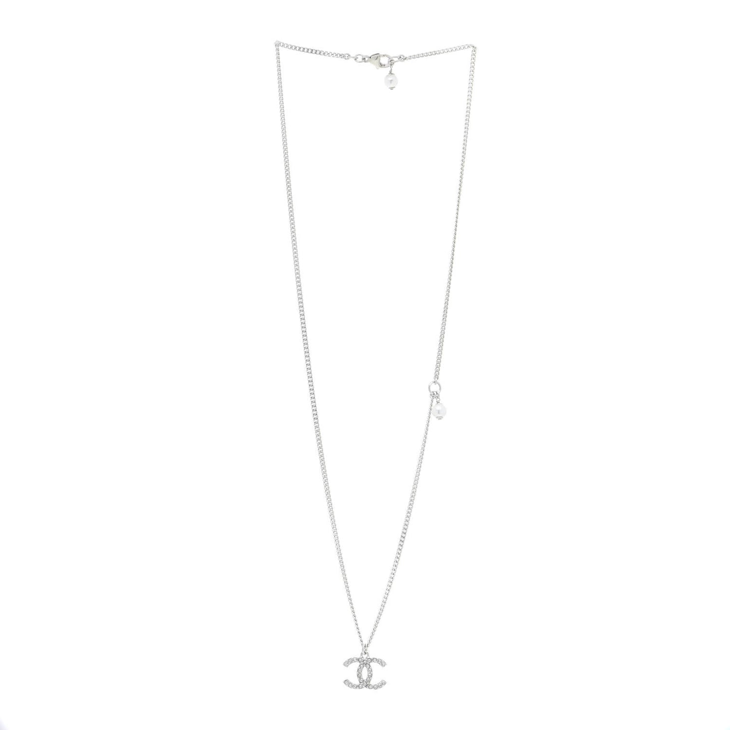 Crystal Pearl CC Pendant Necklace Silver