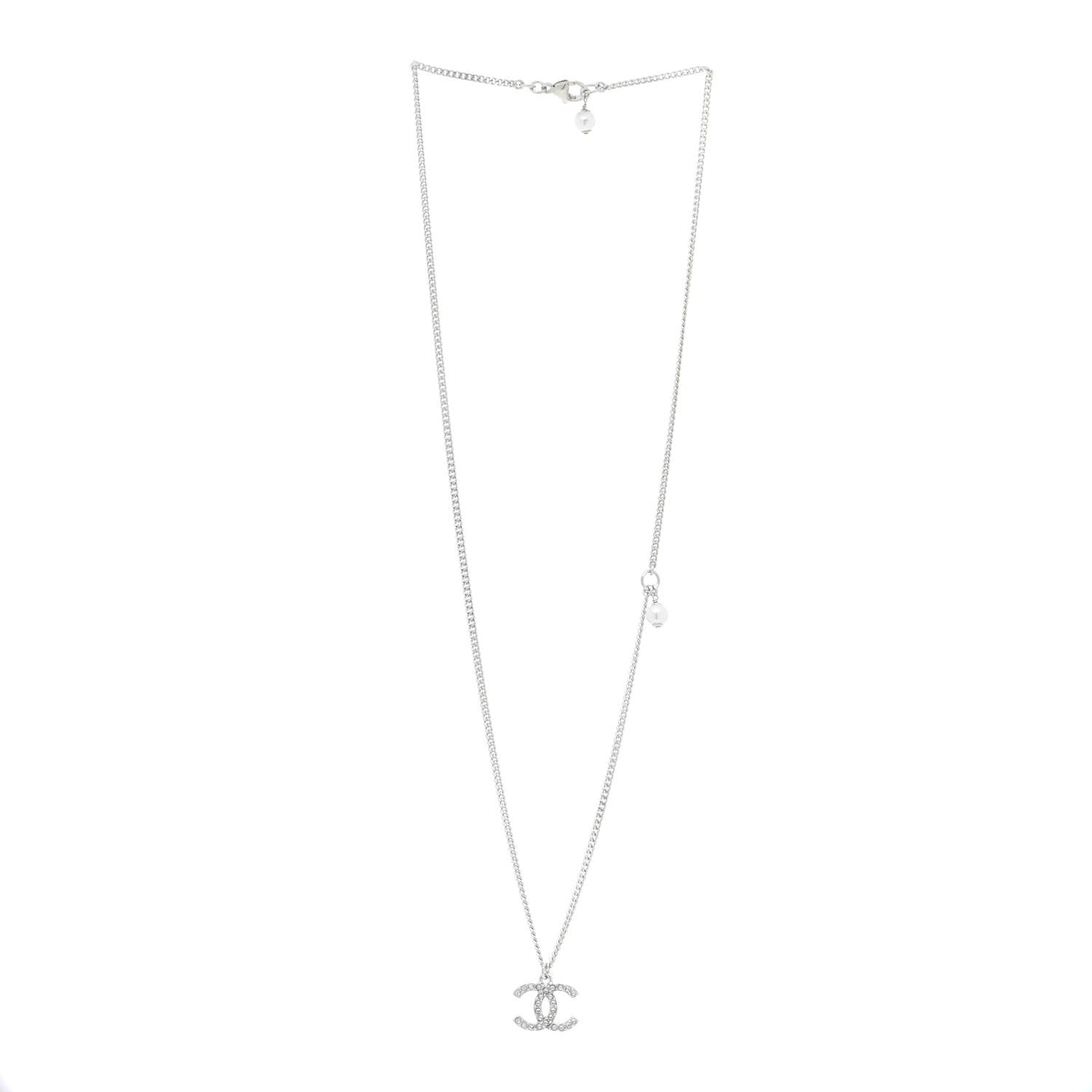 Chanel Crystal Pearl CC Pendant Necklace Silver 3 of 6