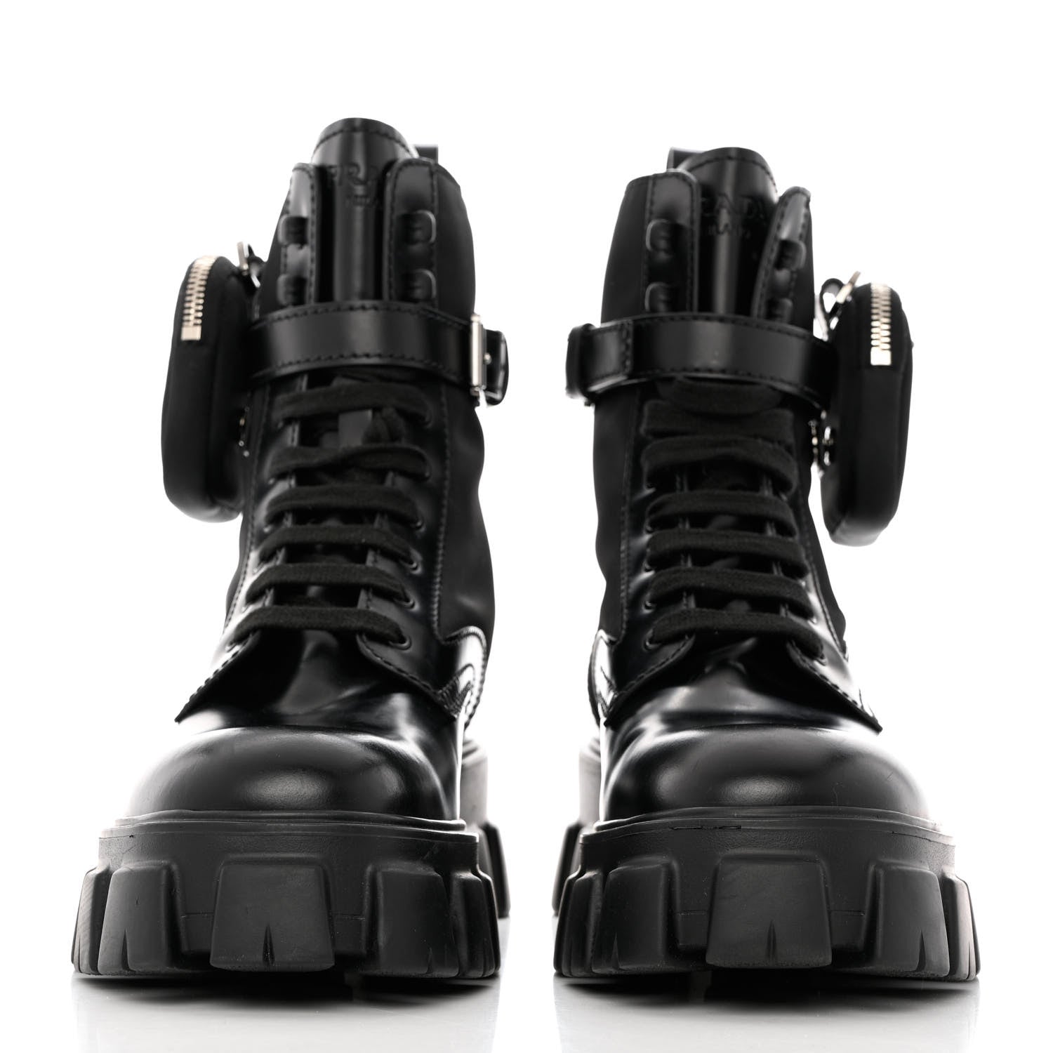 Prada Spazzolato Rois Re-Nylon Metal Triangle Logo Mens Monolith Pouch Pocket 60mm Combat Boots 9 Black 2 of 11