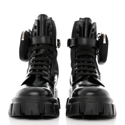 Prada Spazzolato Rois Re-Nylon Metal Triangle Logo Mens Monolith Pouch Pocket 60mm Combat Boots 9 Black 2 of 11