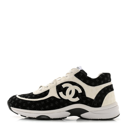 Chanel Nylon Suede Calfskin Printed CC Sneakers 38.5 White Black 1 of 9