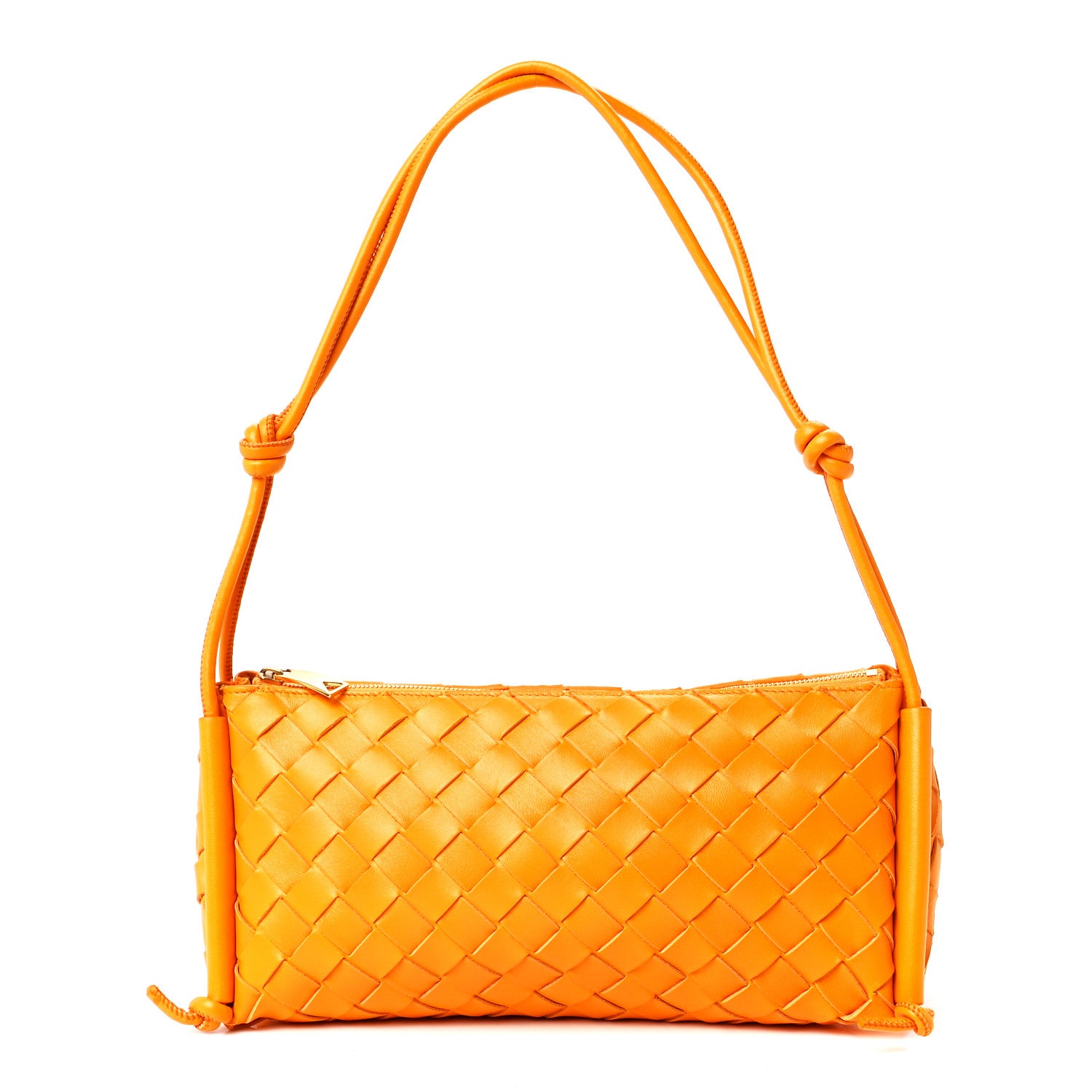 front view image of BOTTEGA VENETA Nappa Intrecciato Pouch On Strap in the color Tangerine by FASHIONPHILE