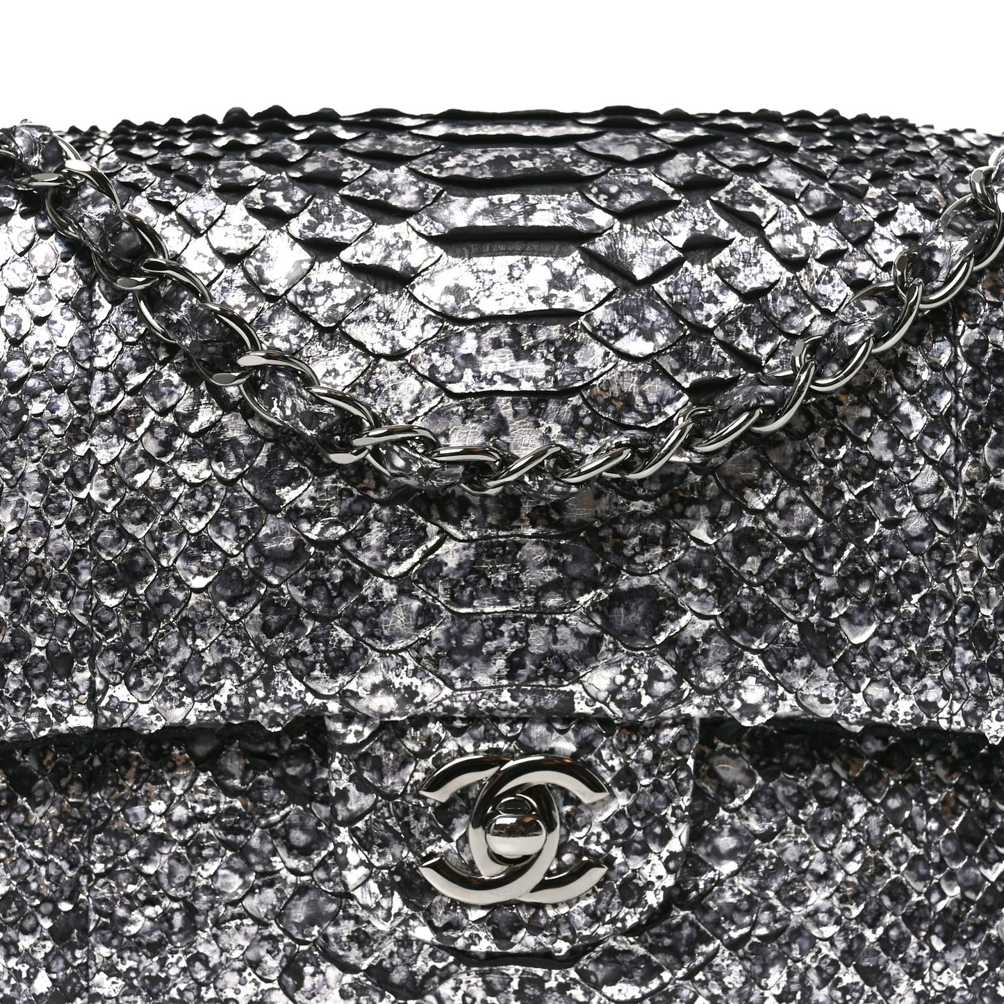 Metallic Snakeskin Medium Double Flap Black Silver
