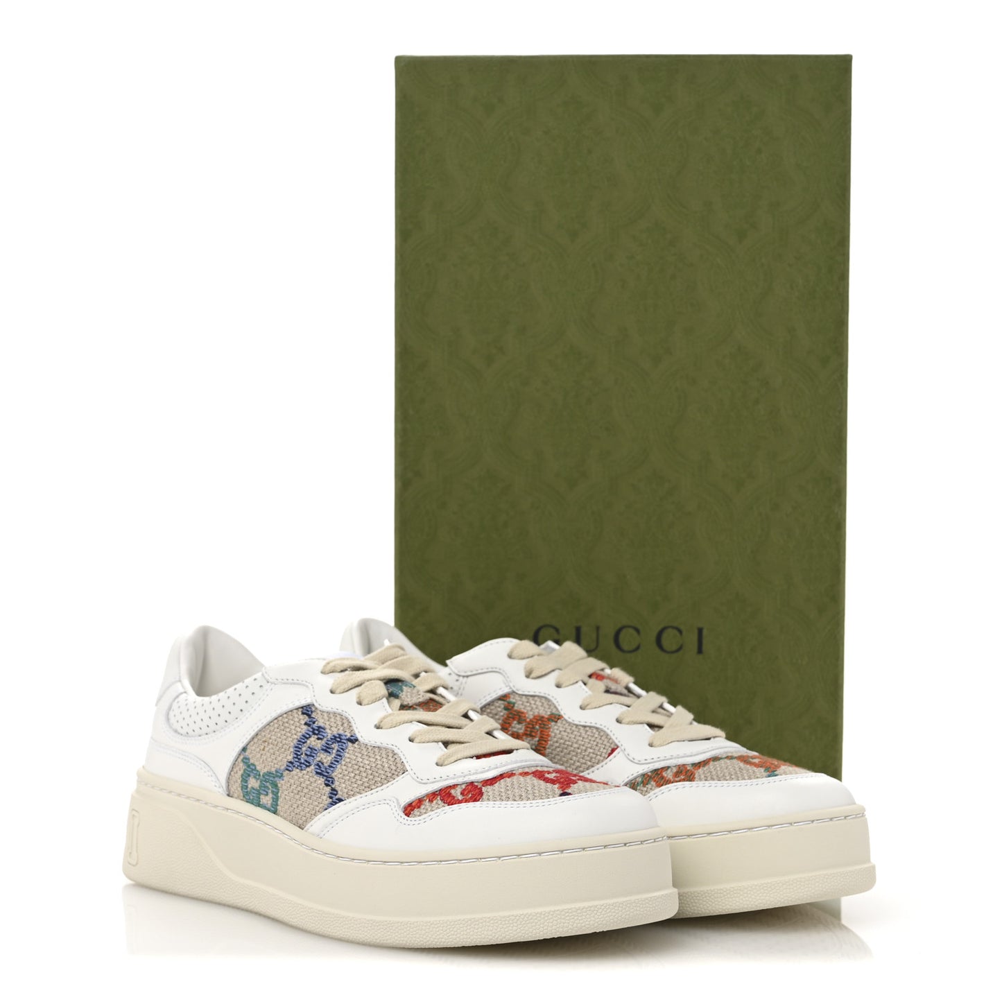 Dali Soft Calfskin GG Tennis Embossed Perforated Womens Platform 55mm Sneakers 40 White Multicolor