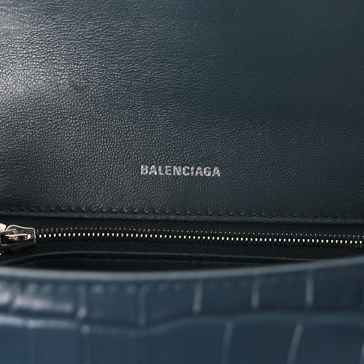 Balenciaga Shiny Calfskin Crocodile Embossed Small Hourglass Top Handle Bag Dark Petrol Blue 6 of 9