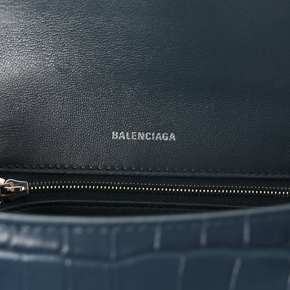 Balenciaga Shiny Calfskin Crocodile Embossed Small Hourglass Top Handle Bag Dark Petrol Blue 6 of 9