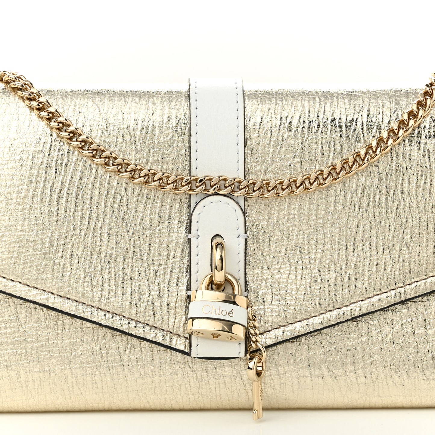 Metallic Textured Calfskin Aby Wallet on Chain Gold
