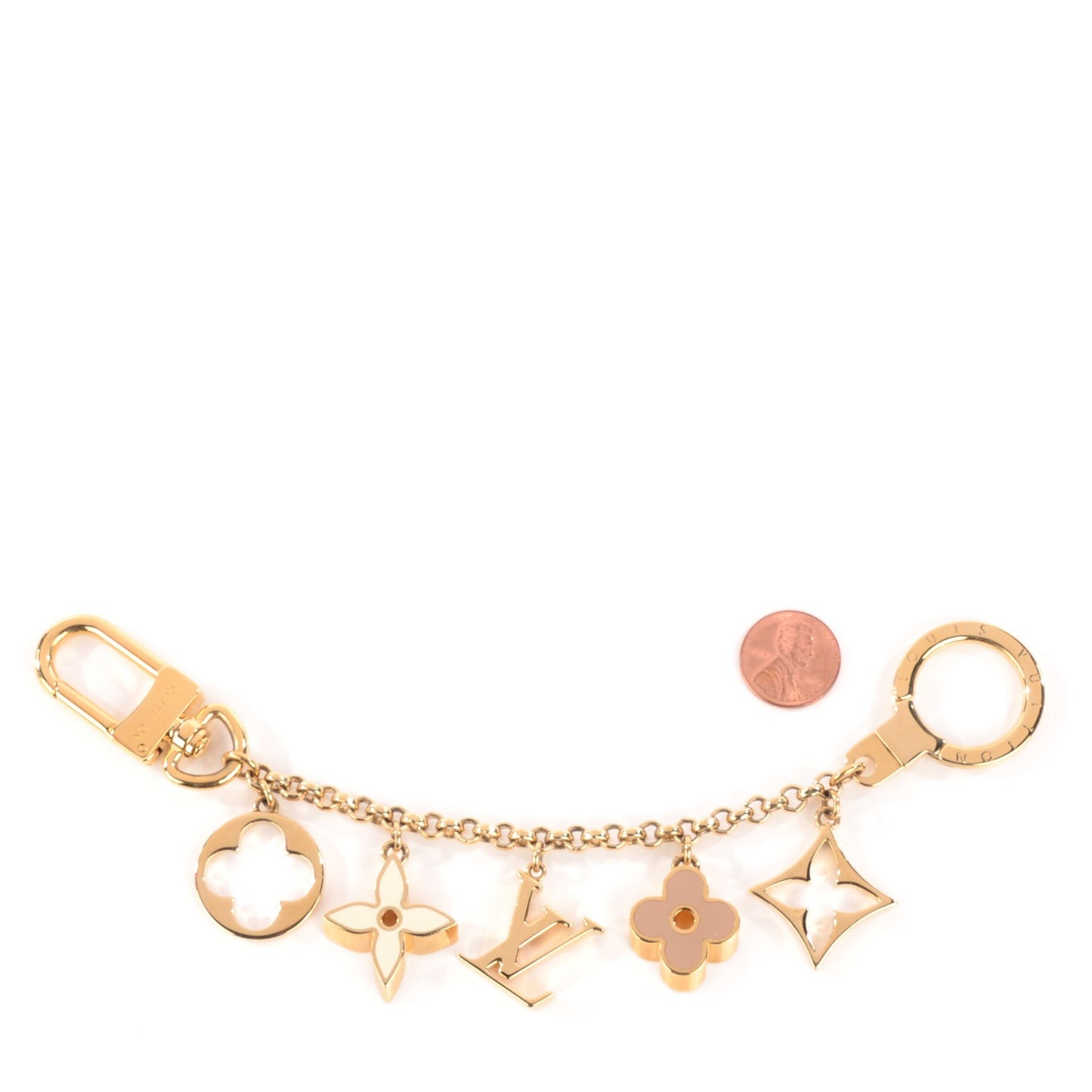 Brass Enamel Fleur De Monogram Bag Charm Chain Gold