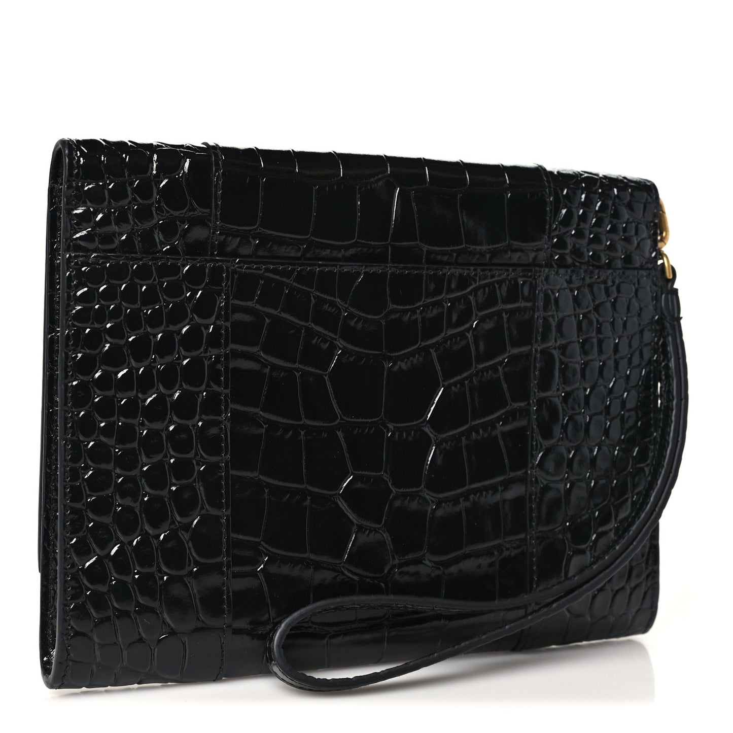 Shiny Calfskin Crocodile Embossed Hourglass Gusset Pouch Black