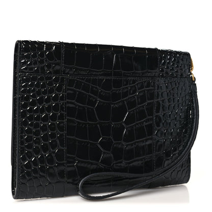 Balenciaga Shiny Calfskin Crocodile Embossed Hourglass Gusset Pouch Black 3 of 10