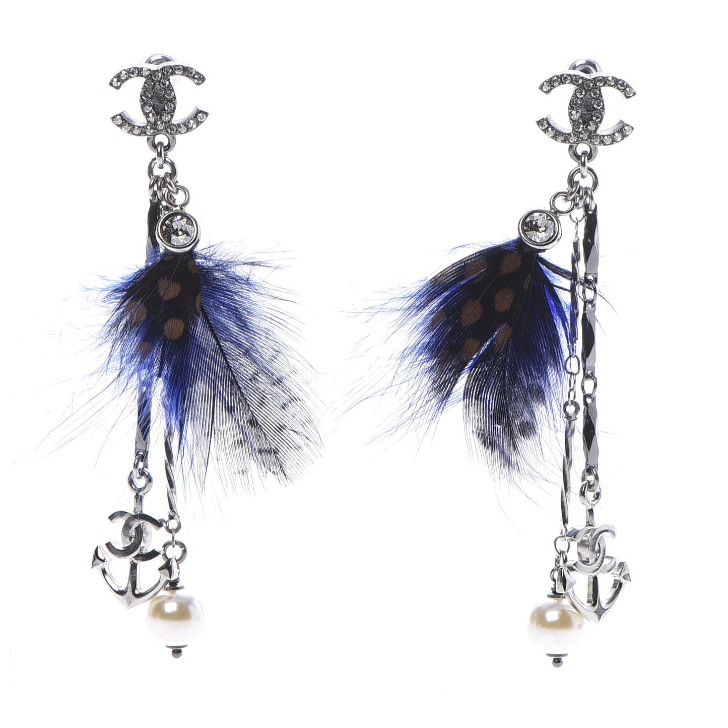 Crystal Chain Feather CC Drop Earrings Blue Brown