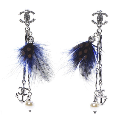 Chanel Crystal Chain Feather CC Drop Earrings Blue Brown 1 of 4