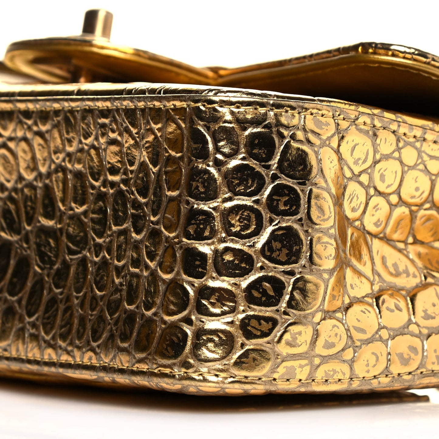 Metallic Calfskin Crocodile Embossed Cocodile Rectangular Mini Flap Gold