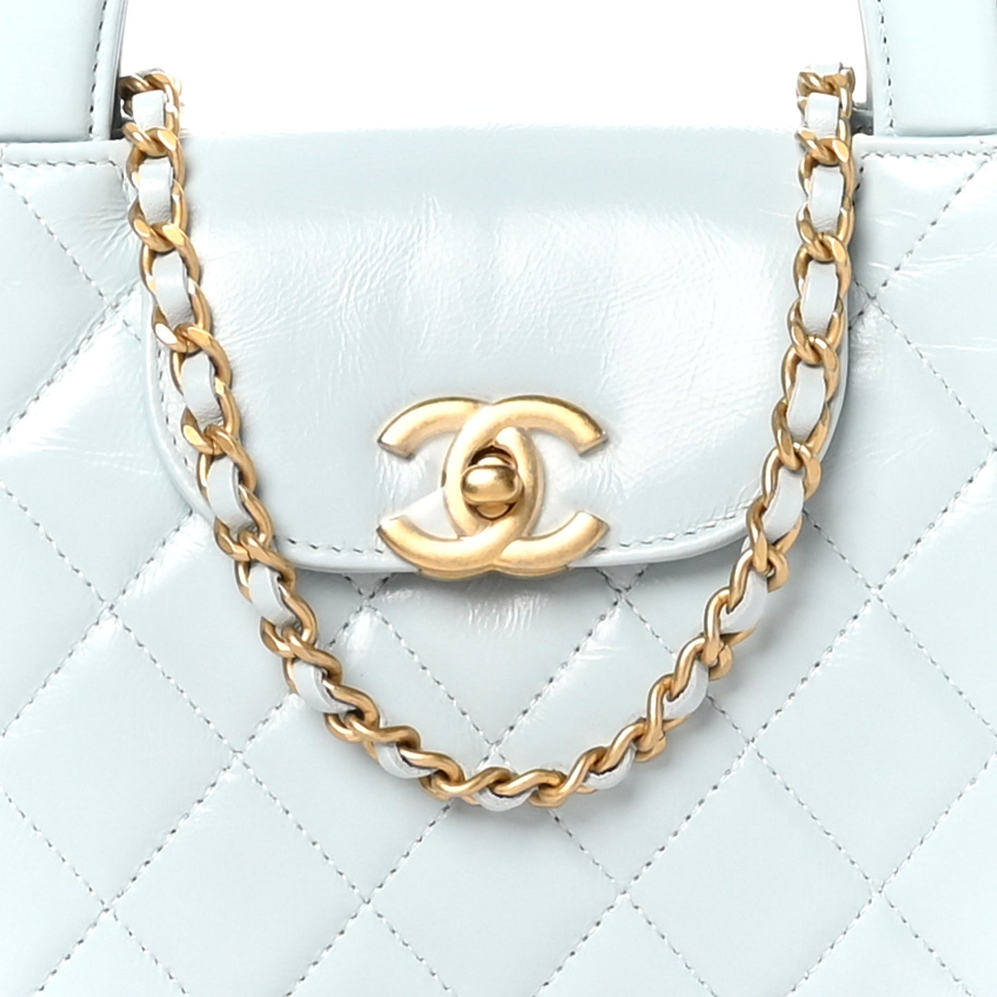 Shiny Aged Calfskin Quilted Nano Kelly Shopper Light Blue