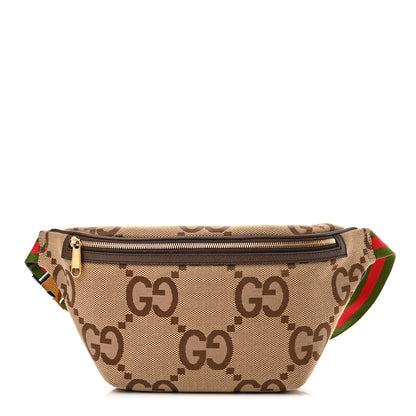 Gucci Monogram Jumbo GG Textured Dollar Calfskin Web Belt Bag Camel Ebony New Acero 2 of 8