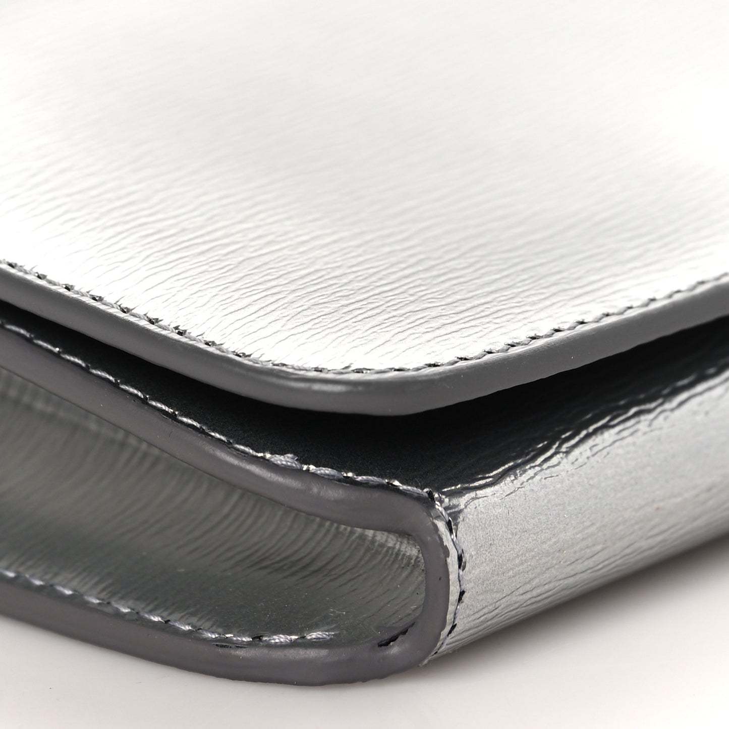 Metallic Grained Calfskin BB Phone Holder Wallet On Chain Silver