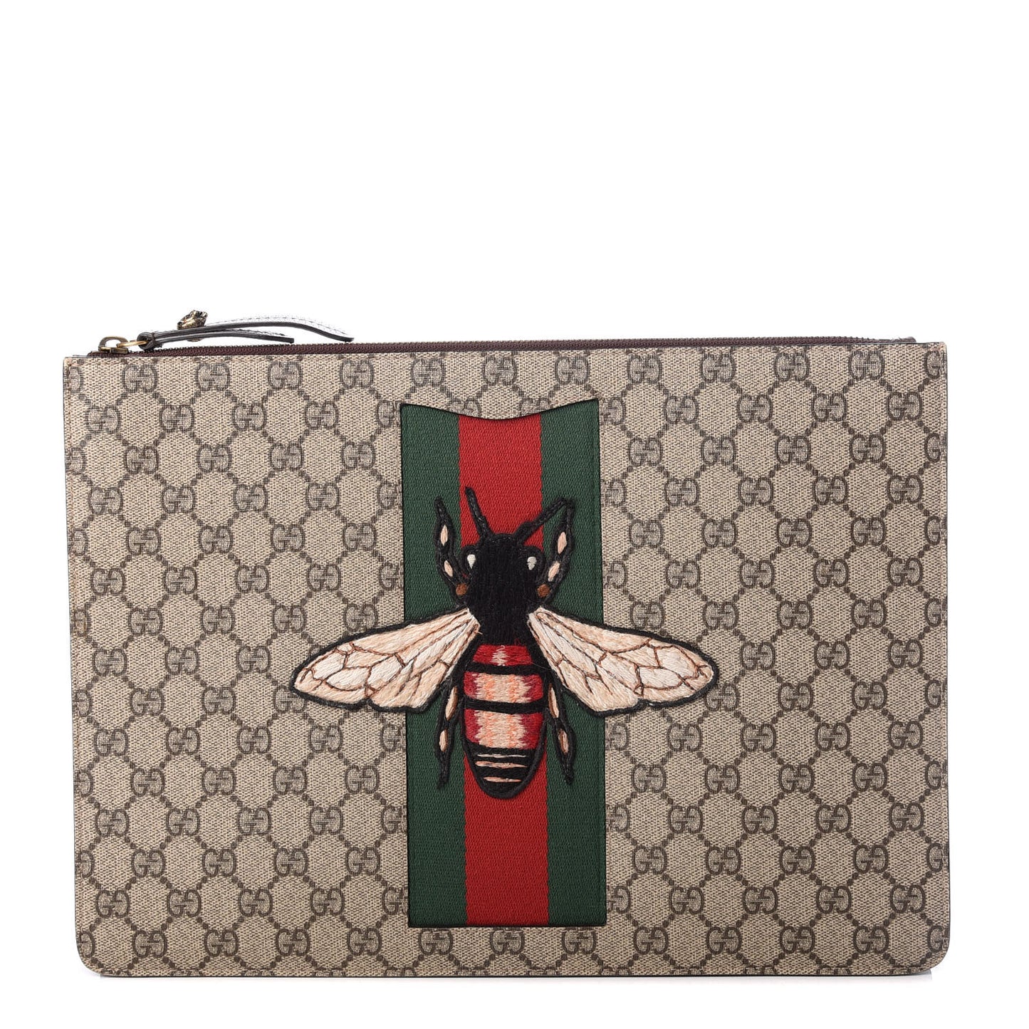 GG Supreme Monogram Web Animalier Bee Embroidered Medium Documents Holder Beige New Acero