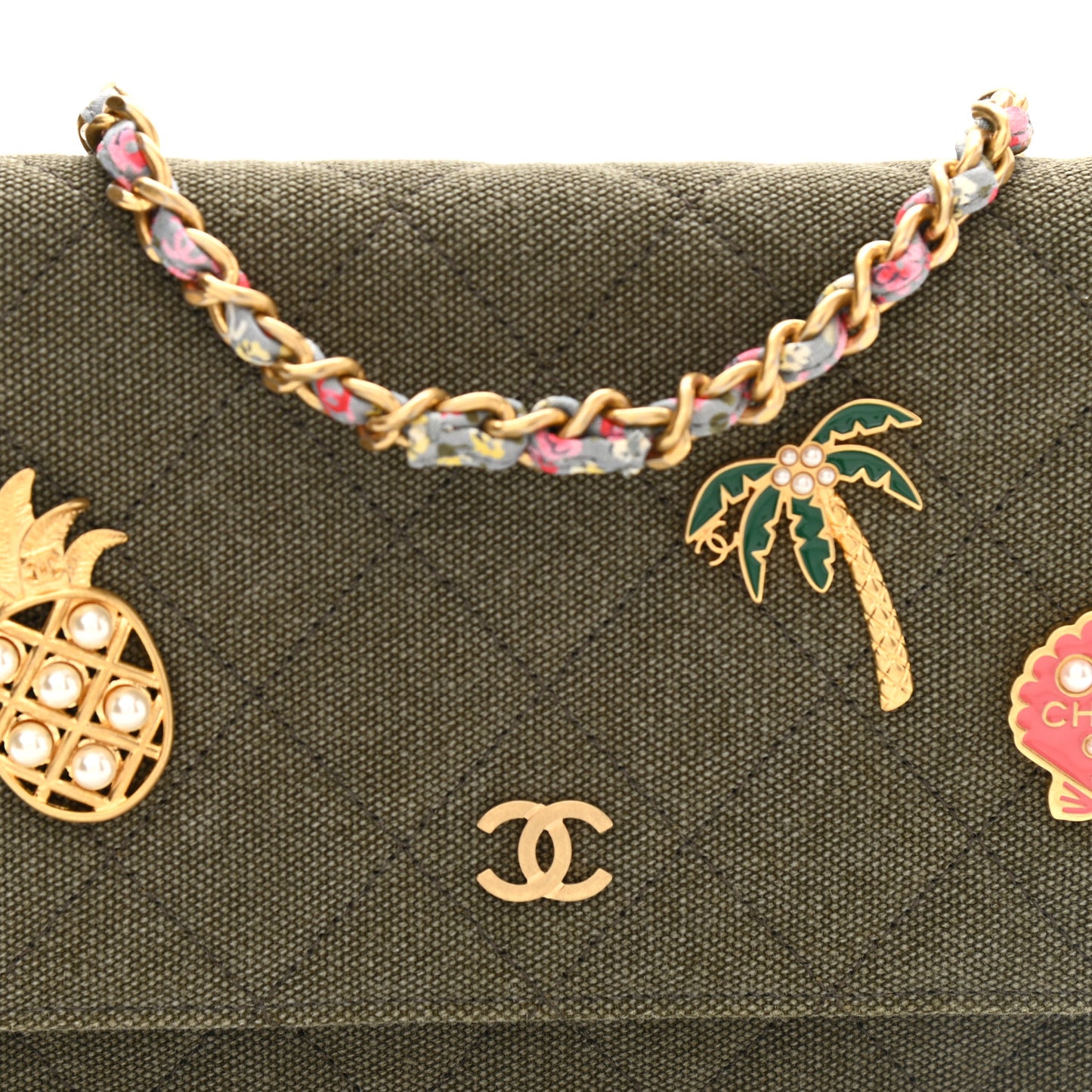 Canvas Quilted Coco Cuba Charms Wallet On Chain WOC Khaki