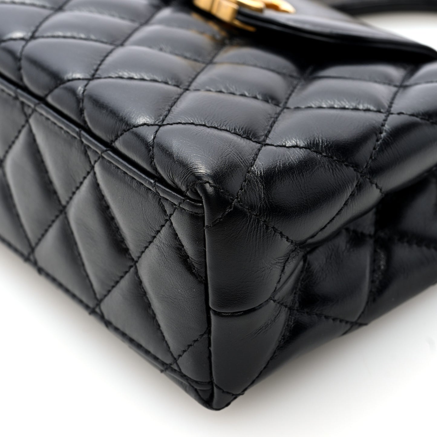 Shiny Aged Calfskin Quilted Nano Kelly Shopper Black