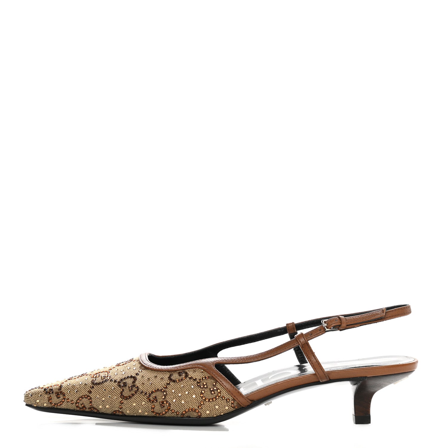 Gucci GG Monogram Malaga Kid Crystal Square G 35mm Slingback Pumps 38 Camel Ebony Cuir 1 of 7