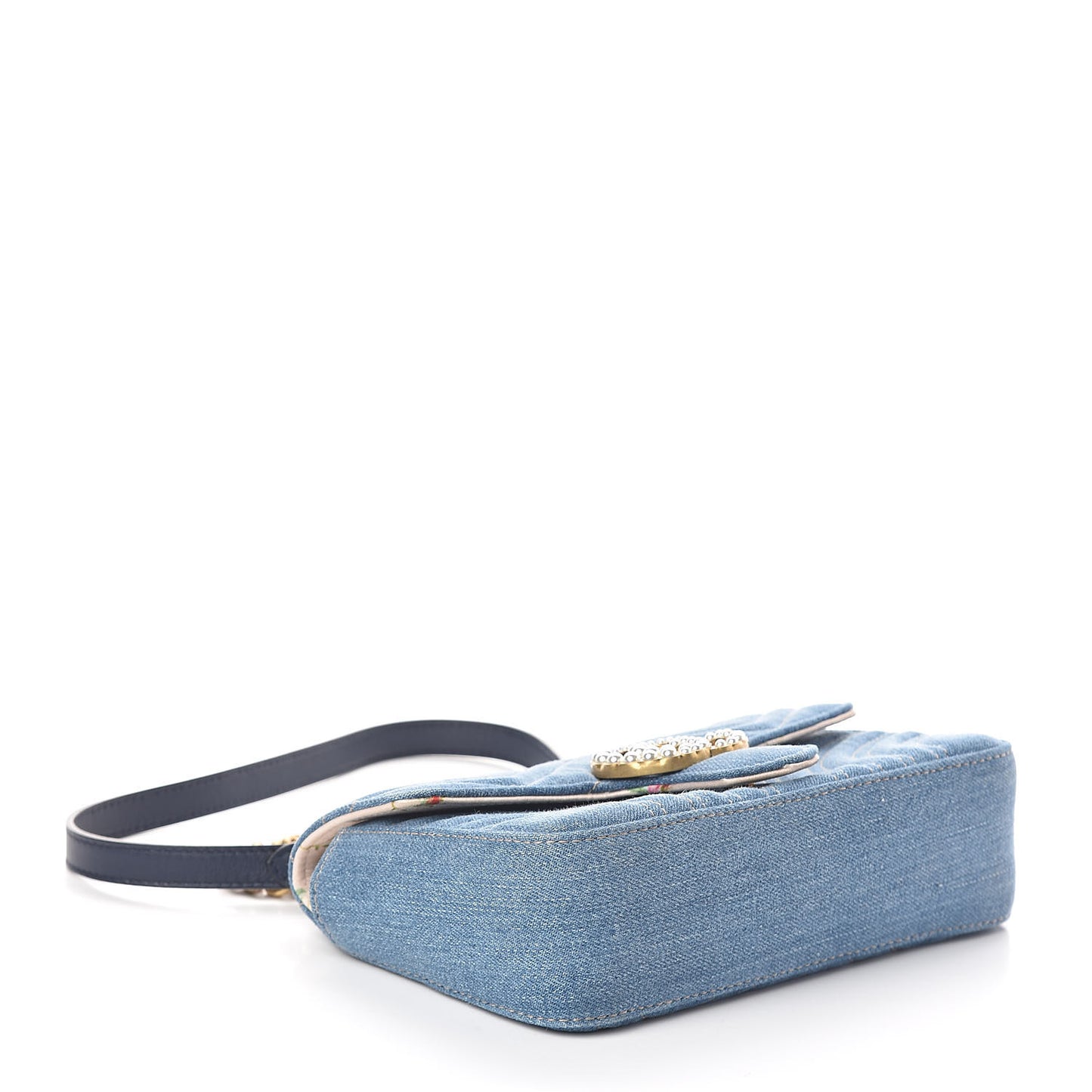 Denim Matelasse Mini Pearly GG Marmont Shoulder Bag Blue