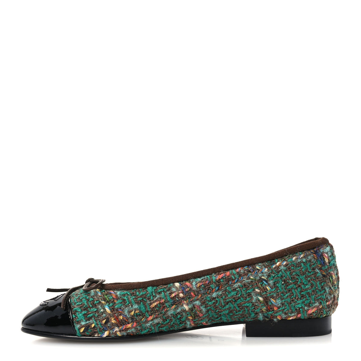 Wool Silk Tweed Patent Cap Toe Ballerina Flats 37 Dark Green Brown Blue Black