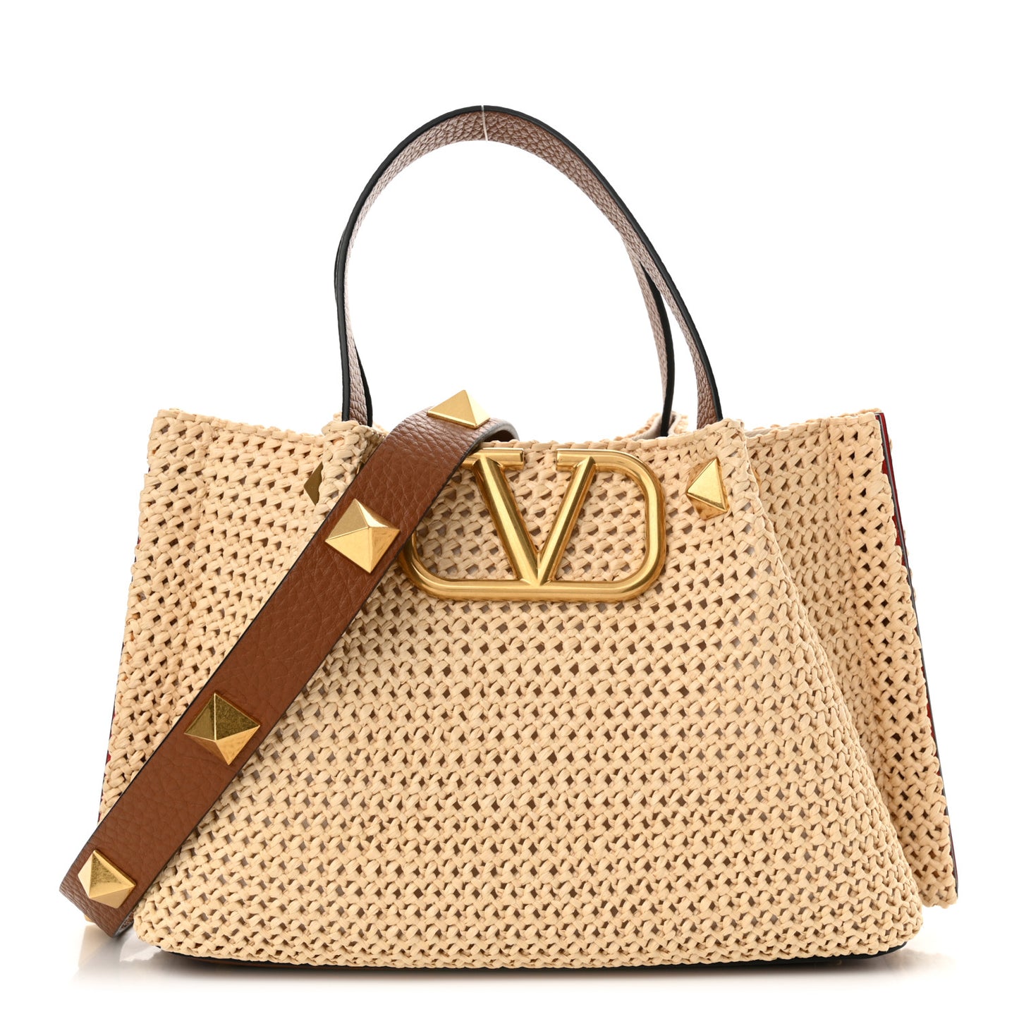 Raffia Grained Calfskin Small Rockstud Vlogo Tote Naturale
