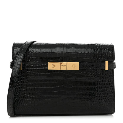 Saint Laurent Shiny Calfskin Crocodile Embossed Small Manhattan Baguette Black 1 of 11